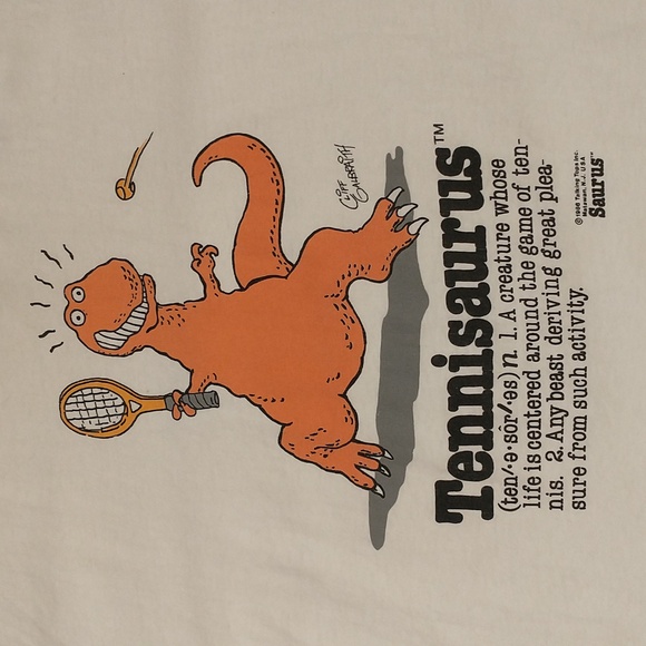 Tennisaurus 1986 Tennis Tee Cliff Galbraith Humor Single Stitch USA 100% Cotton - Picture 1 of 8
